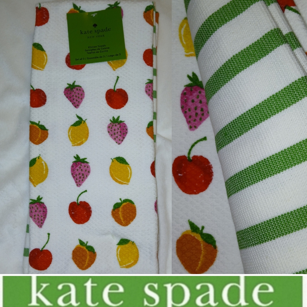 🍓3 Pack Kate Spade Cotton Kitchen Towels, Fruit & Stripes 17x28